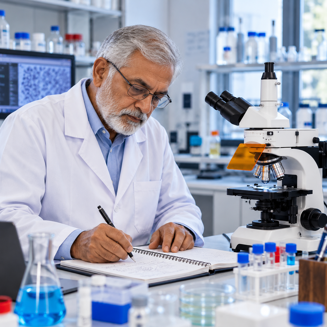 Senior scientist recording laboratory notes beside a microscope