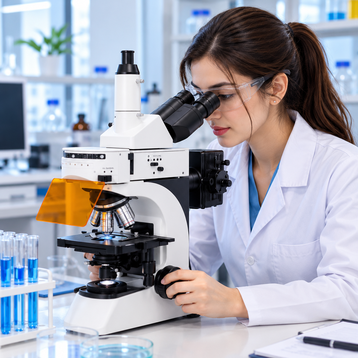 Scientist using a microscope in a modern laboratory